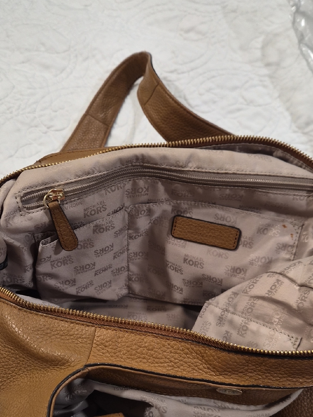Michael Kors Tan Leather Hobo Bag with Gold MK Accent - Picture 6 of 13